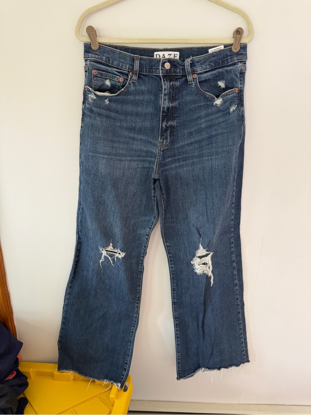 Daze High-Rise Distressed Wide Leg Jeans in Dark Blue